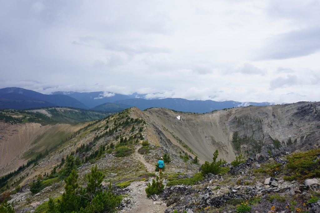 Woman runs along mountain ridge