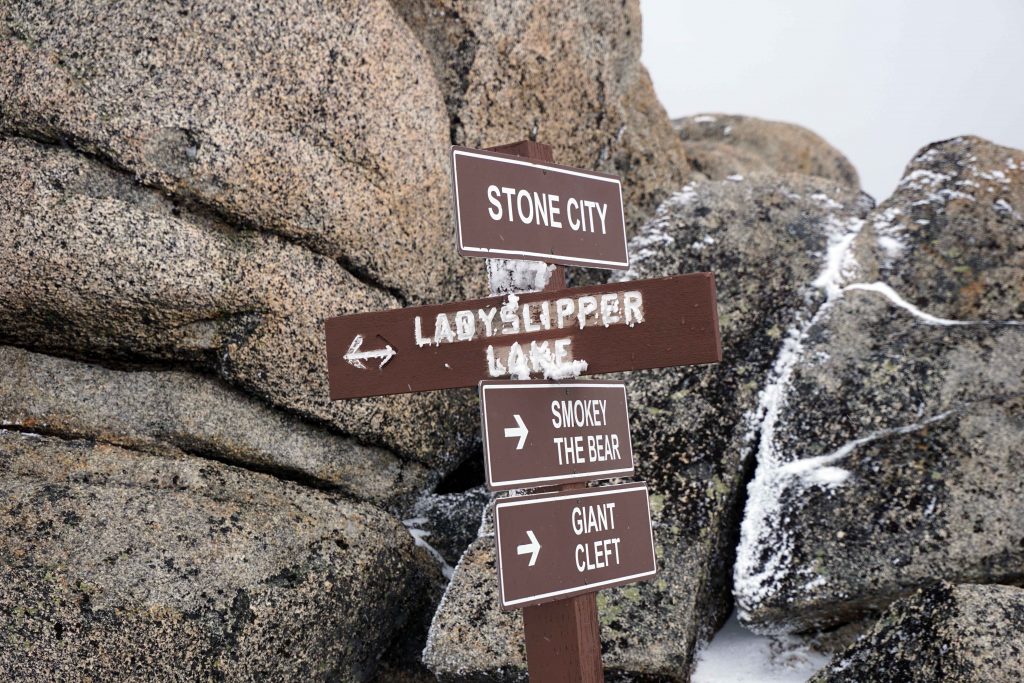 Trail signposts in Cathedral Lakes Provincial Park